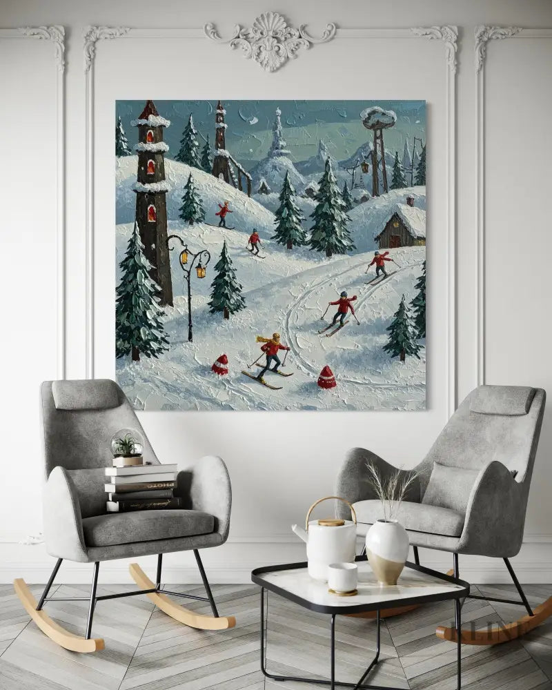 Moonlit Ski Village - Hand Painting 