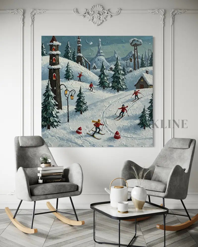 Moonlit Ski Village - Hand Painting Limitierte Sammlung