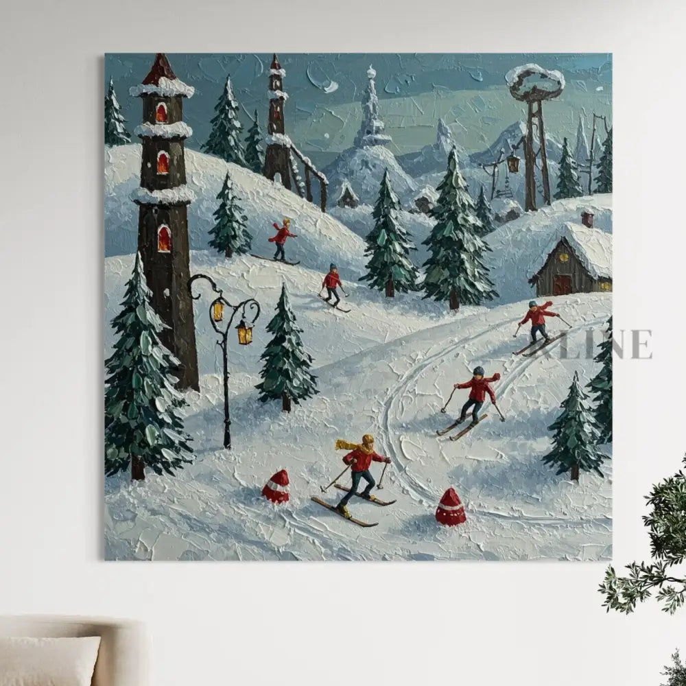 Moonlit Ski Village - Hand Painting