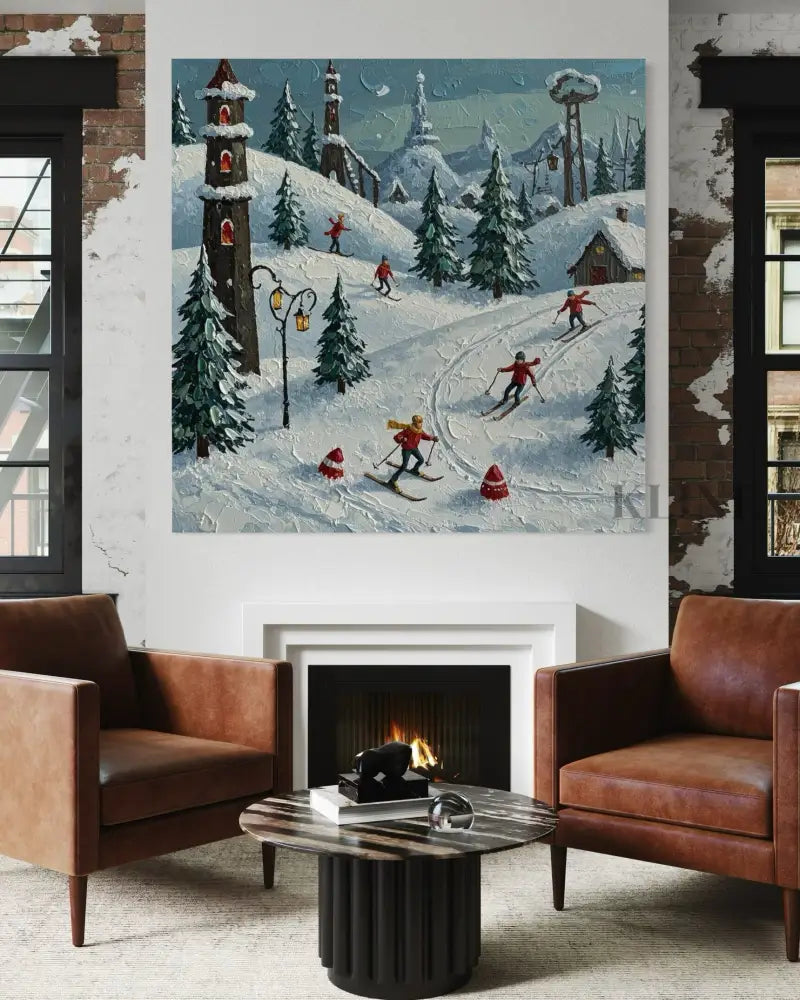 Moonlit Ski Village - Hand Painting Limitierte Sammlung