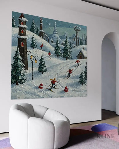 Moonlit Ski Village - Hand Painting