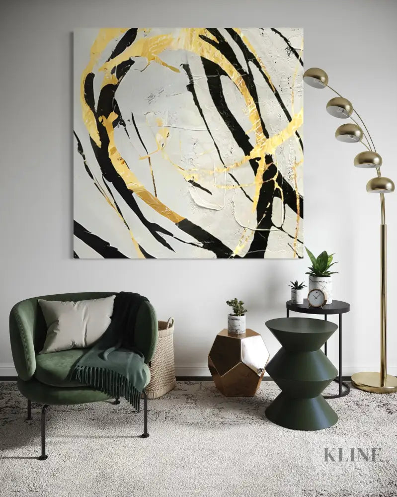 Hand-painted Noir and Gold Harmony wall art in modern living room with green chair and stylish decor. 