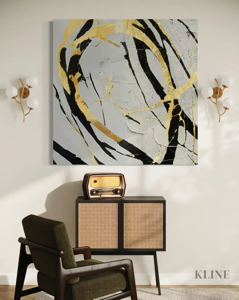 Hand-painted wall art in noir and gold by Kline Collective® enhancing an elegant living space. 