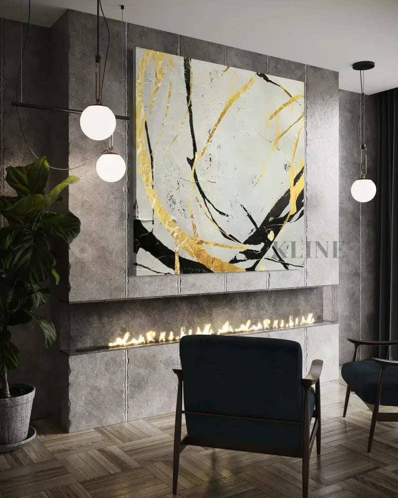 Noir and Gold Harmony 2 abstract artwork above a modern fireplace in a stylish living room setting. Grand art mural
