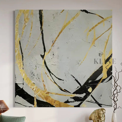 Abstract artwork Noir and Gold Harmony 2 by John Rey U, featuring bold black and gold contrasting lines.