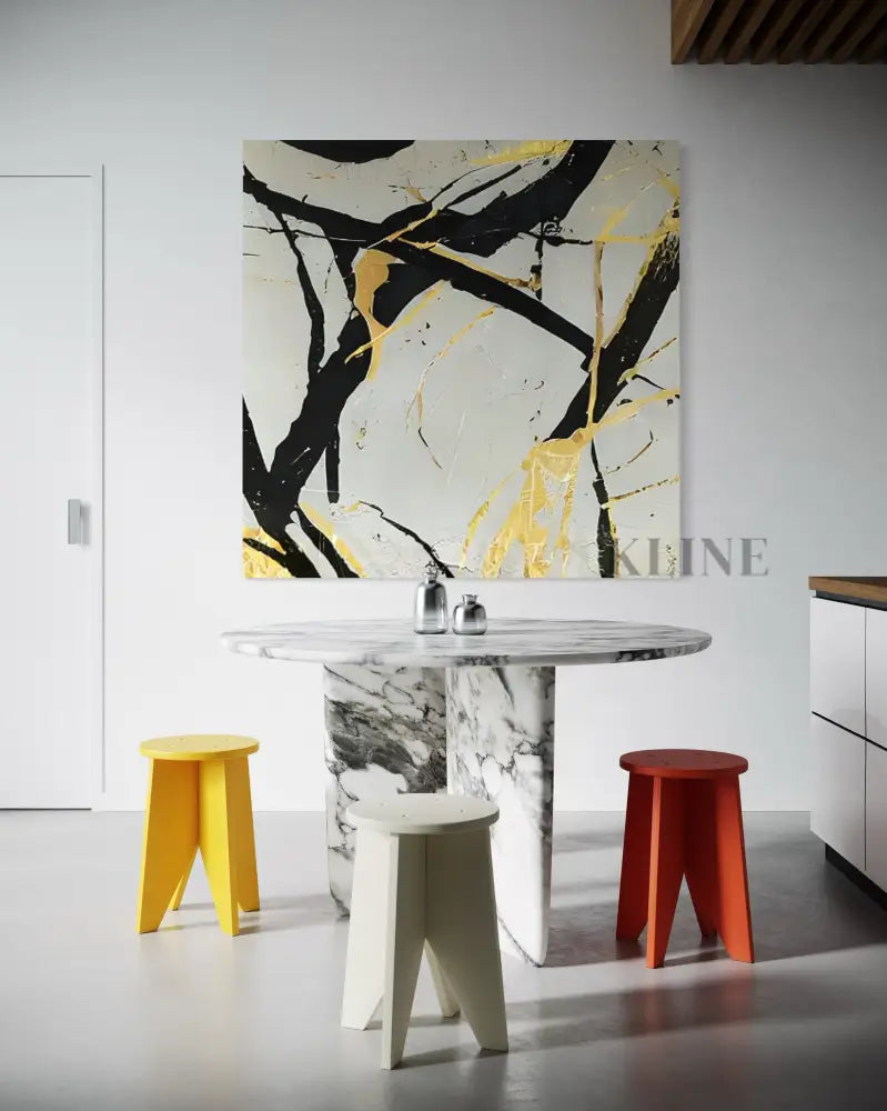 Hand-painted Noir and Gold Harmony art by Kline Collective, enhancing modern dining space with vibrant colors.