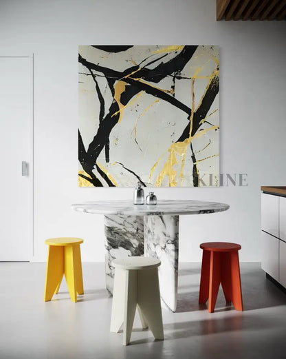 Hand-painted Noir and Gold Harmony art by Kline Collective, enhancing modern dining space with vibrant colors.