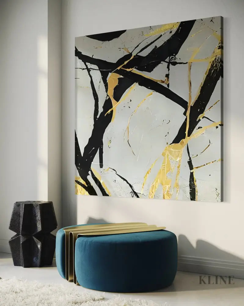 Noir and Gold Harmony 3 wall art by Kline Collective® in modern living space, featuring hand-painted abstract design. Luxury Wall Art