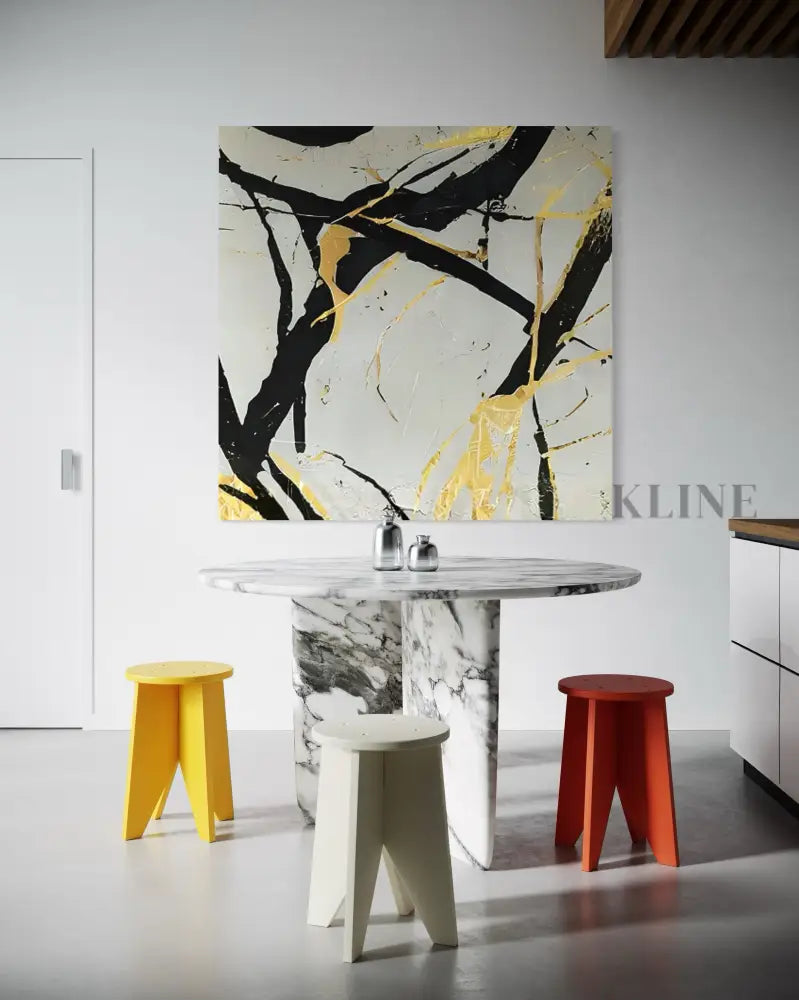 Hand-painted Noir and Gold Harmony art by Kline Collective, enhancing modern dining space with vibrant colors.