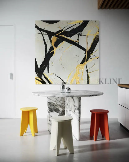 Hand-painted Noir and Gold Harmony art by Kline Collective, enhancing modern dining space with vibrant colors.