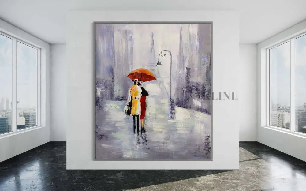 Hand-painted wall art featuring a couple under an umbrella, enhancing modern home decor with vibrant colors and elegance. Art mural sur toile