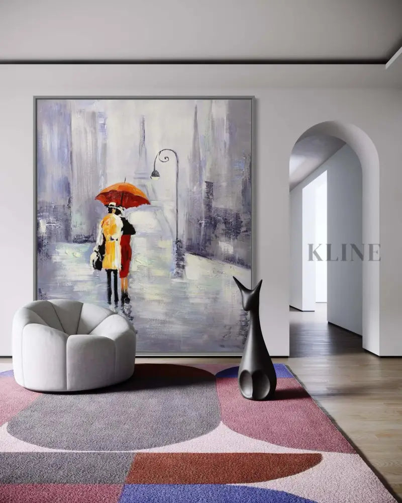 Hand-painted wall art featuring a couple with an umbrella, enhancing modern living space decor. 