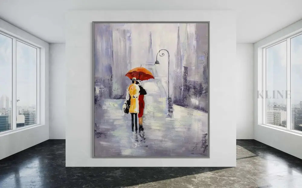 Hand-painted wall art featuring a couple under an umbrella, enhancing modern home decor with vibrant colors and elegance. Plaster Art