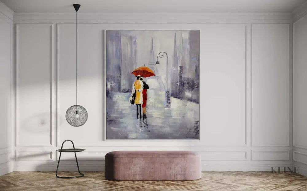 Hand-painted wall art featuring a couple with an umbrella in a Parisian setting, enhancing modern home decor. Shop All