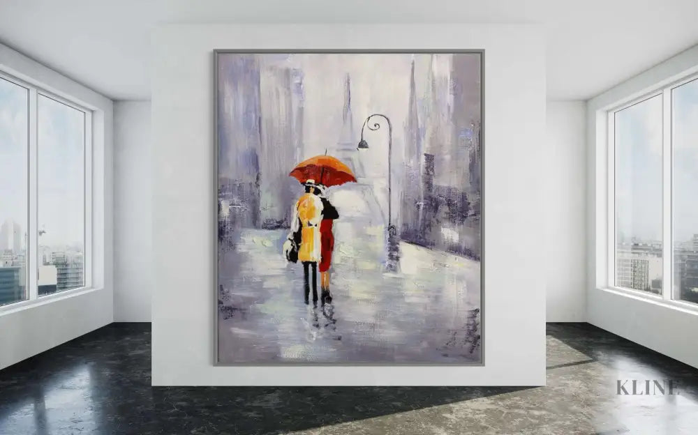 Hand-painted wall art featuring a couple under an umbrella, enhancing modern home decor with vibrant colors and elegance. Shop All