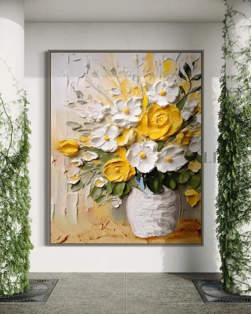 Hand-painted wall art featuring vibrant yellow roses and white flowers in a vase, enhancing any living space. Canvas Wall Art