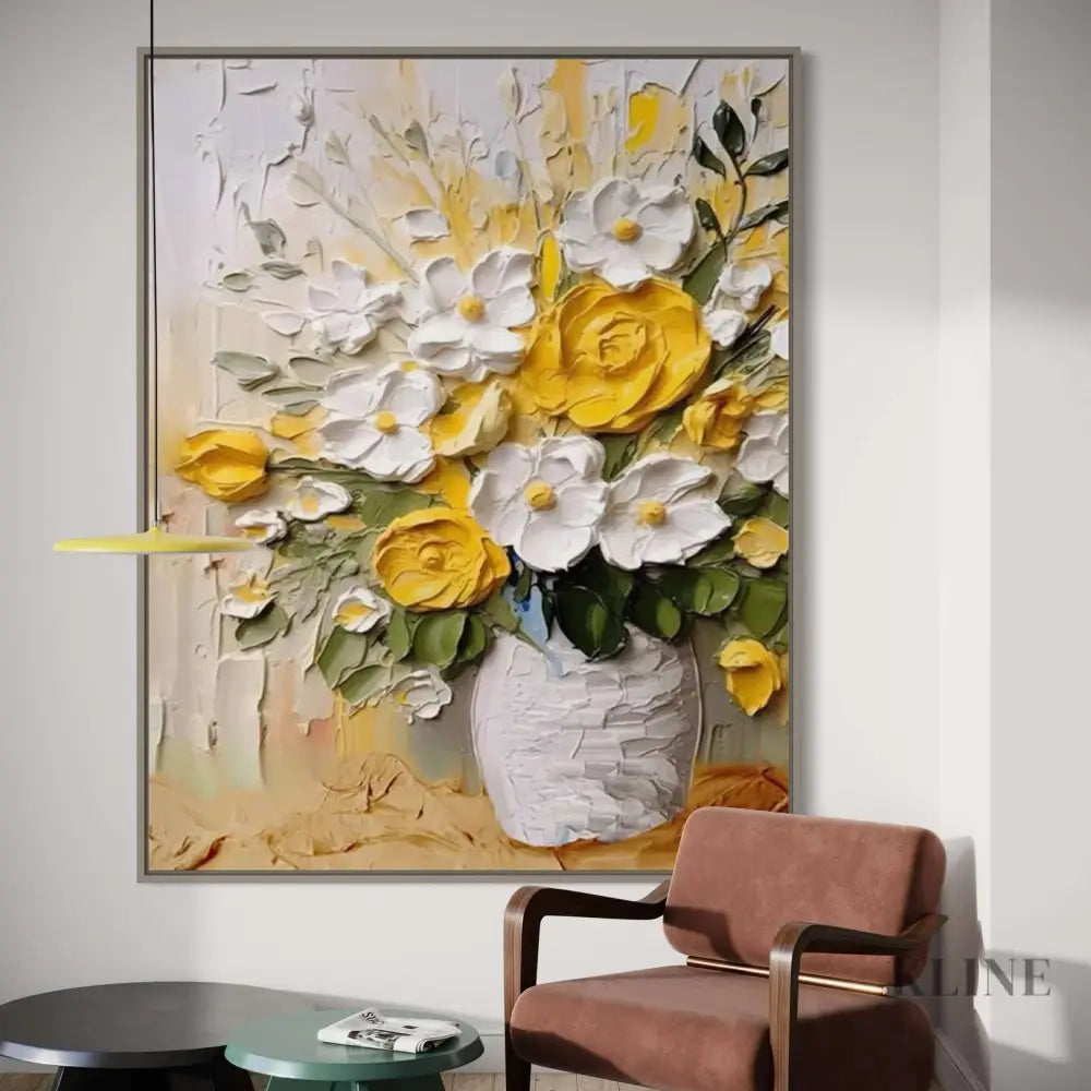 Hand-painted wall art featuring vibrant yellow roses and white flowers in a vase, perfect for home decor. 
