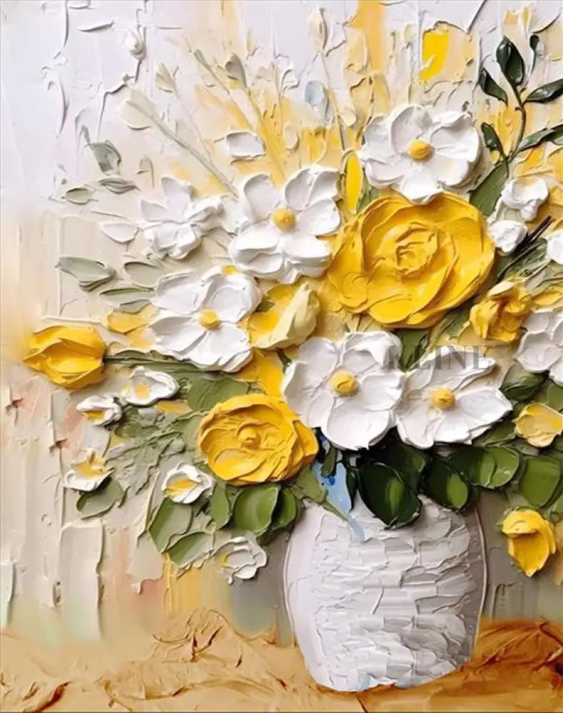 Hand-painted wall art featuring a vibrant yellow and white floral arrangement in a vase. Arte de la pared del comedor