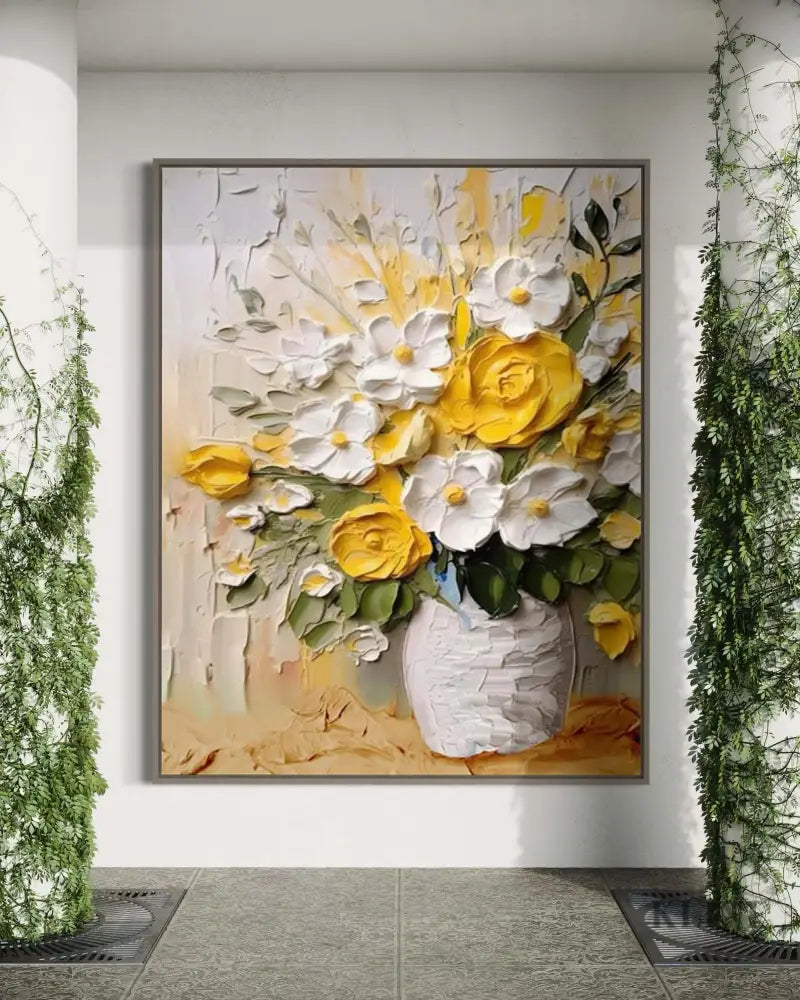 Hand-painted wall art featuring vibrant yellow roses and white flowers in a vase, enhancing any living space.
