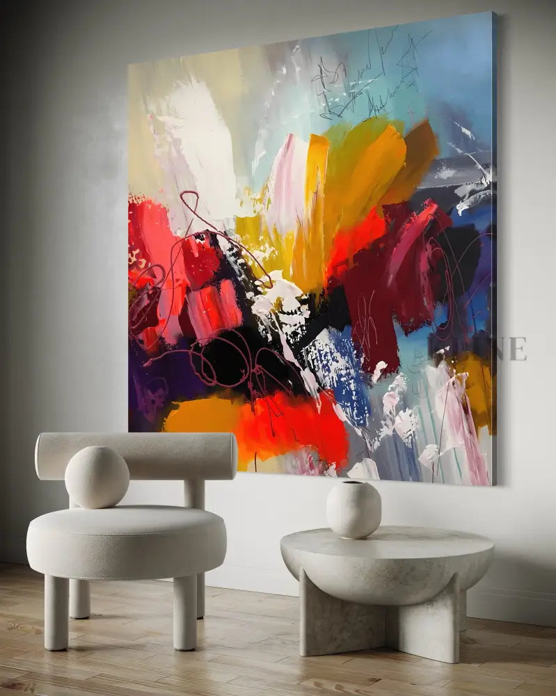 Prismatic Madness wall art by Kline Collective, hand-painted, vibrant colors, ready to hang, transforms spaces. 