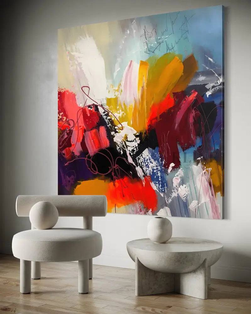 Prismatic Madness wall art by Kline Collective, hand-painted, vibrant colors, ready to hang, transforms spaces.