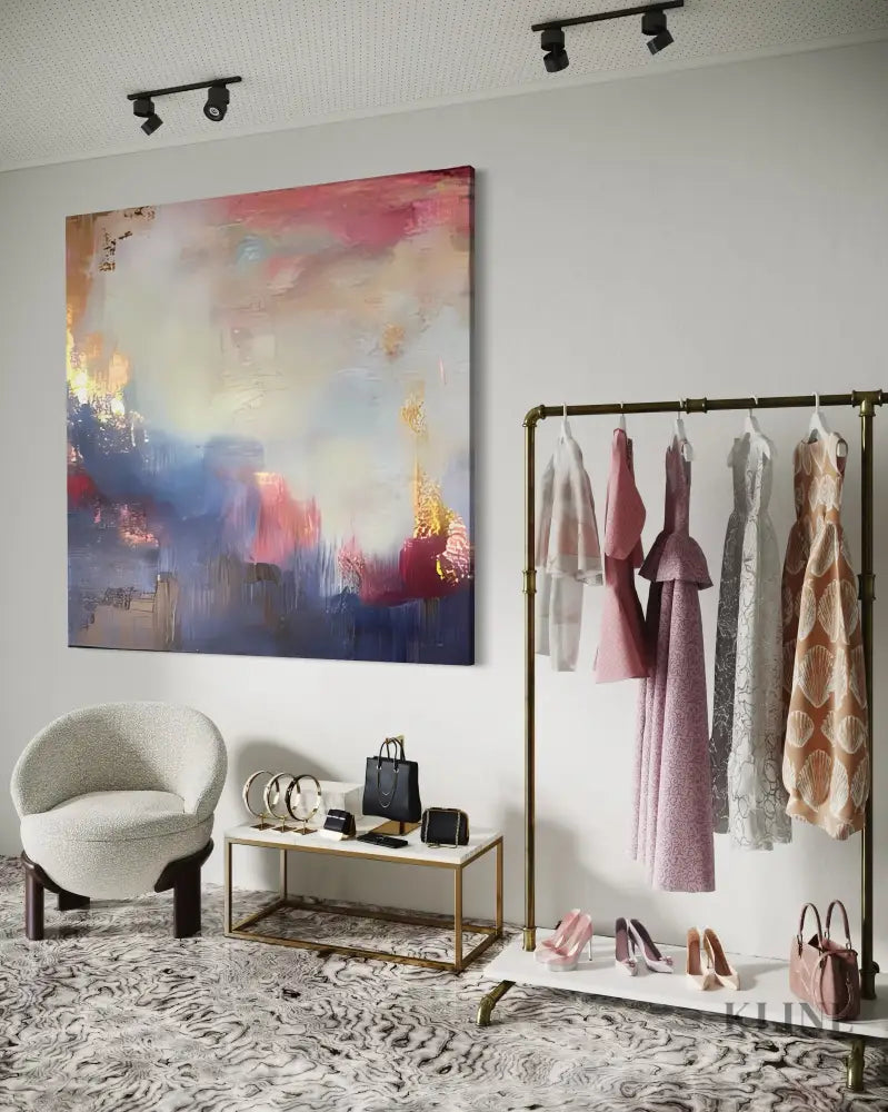 Purple Gold Flash abstract art in stylish room with elegant dresses and accessories, showcasing luxury and modern design. Meistverkaufte Gemälde