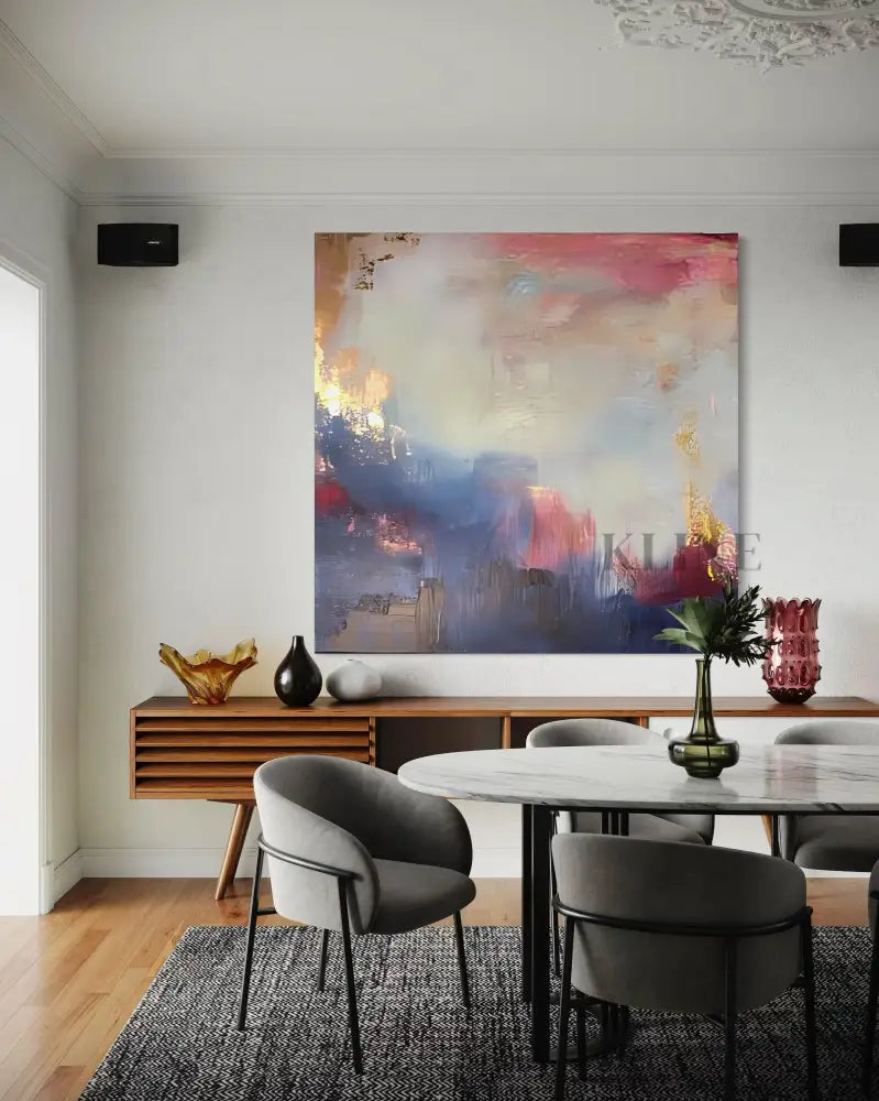 Purple Gold Flash artwork by John Rey U. in modern dining room, expressing luxury and elegance. Canvas Wall Art