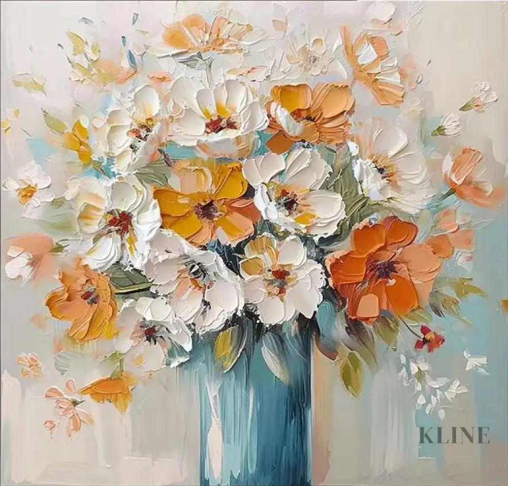Hand-painted floral canvas featuring vibrant blooms in orange and white, titled & 