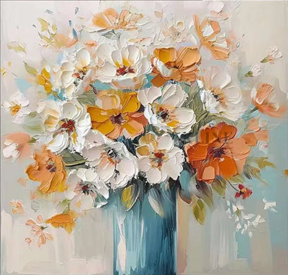 Hand-painted floral canvas featuring vibrant blooms in orange and white, titled &