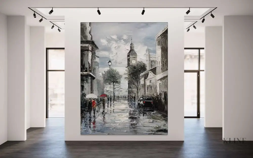 Hand-painted wall art of a misty Paris street, showcasing adventure and charm in a modern gallery setting. 