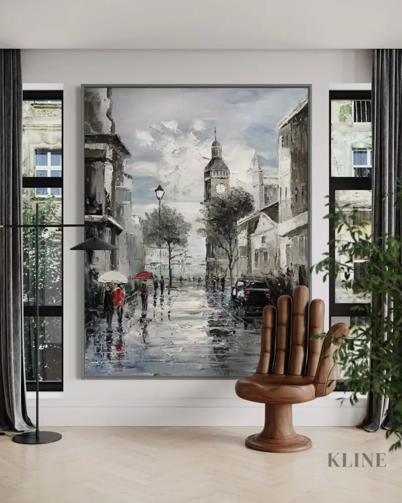 Hand-painted wall art depicting a rainy Paris street scene, enhancing modern home decor. 