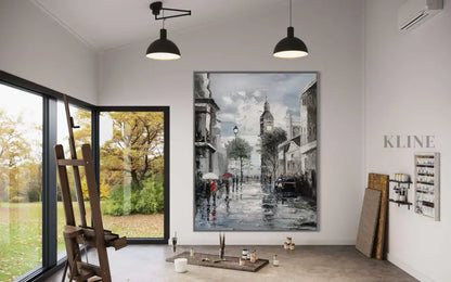 Hand-painted wall art of a Parisian street scene, enhancing modern interior decor with vibrant colors.