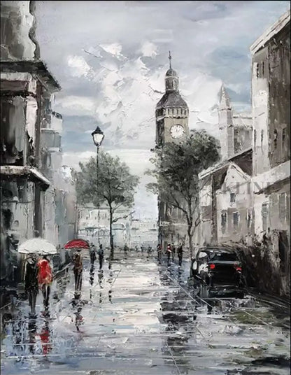 Rainy street scene with clock tower, people walking under umbrellas in an impressionist style painting.