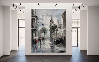 Hand-painted wall art of a misty Paris street, showcasing adventure and charm in a modern gallery setting.