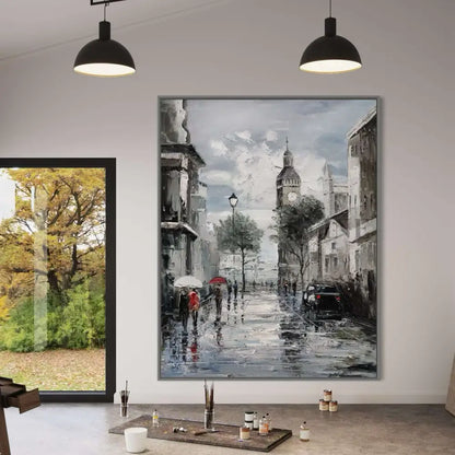 Hand-painted wall art featuring a rainy Parisian street scene, adding elegance to any living space.