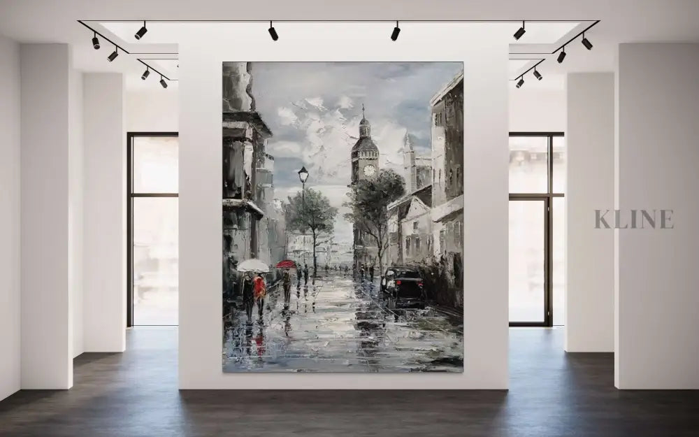Hand-painted wall art of a misty Paris street, showcasing adventure and charm in a modern gallery setting. 