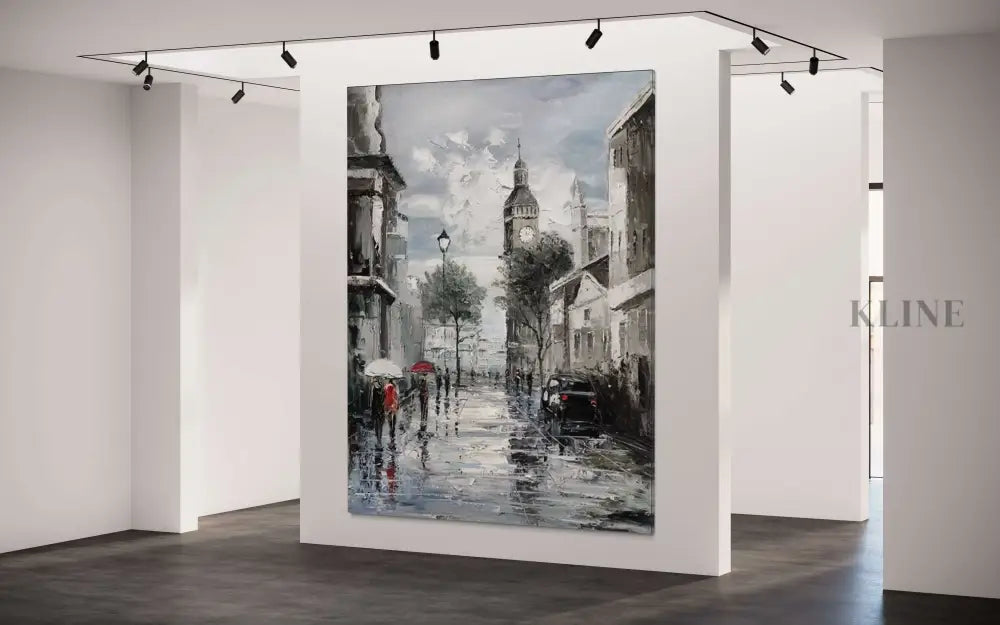 Hand-painted wall art of a Parisian street scene, reflecting adventure and charm, displayed in a modern gallery space. 