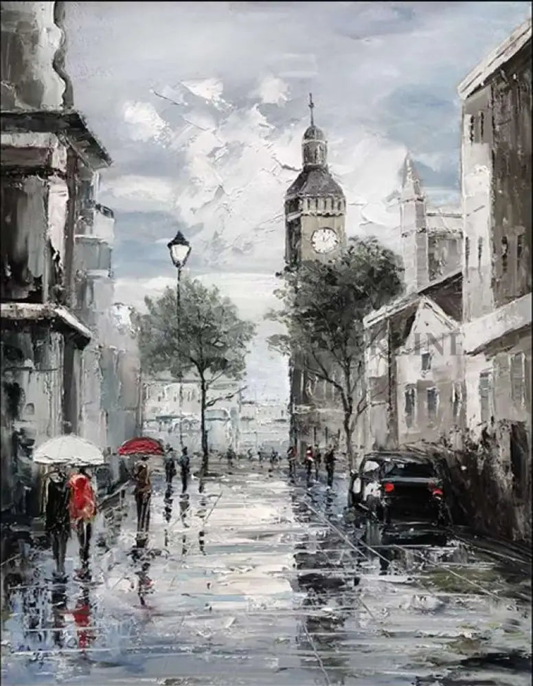Rainy street scene with clock tower, people walking under umbrellas in an impressionist style painting.
