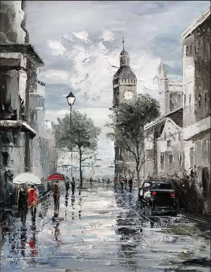 Rainy street scene with clock tower, people walking under umbrellas in an impressionist style painting.