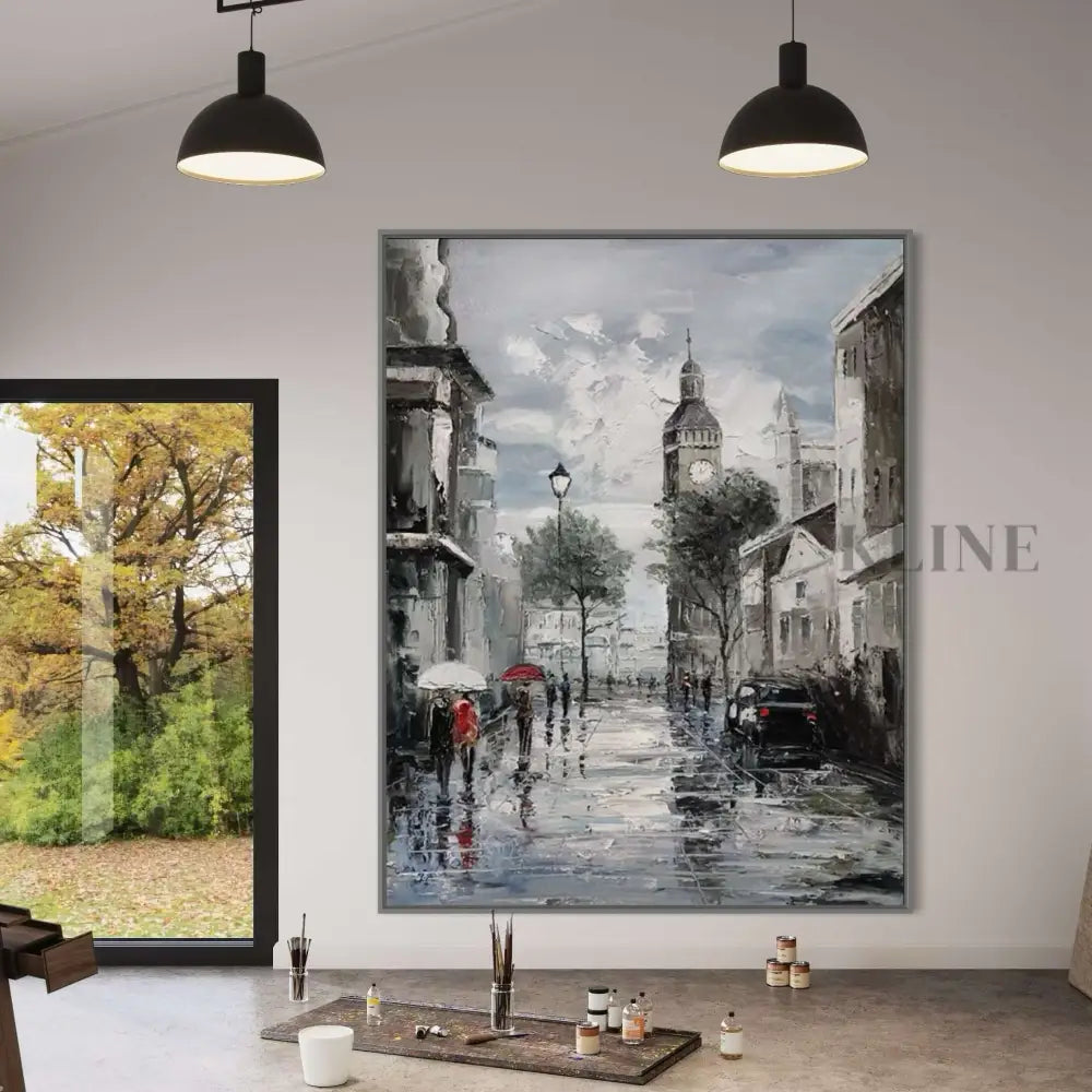 Hand-painted wall art featuring a rainy Parisian street scene, adding elegance to any living space. 