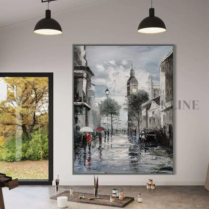 Hand-painted wall art featuring a rainy Parisian street scene, adding elegance to any living space.