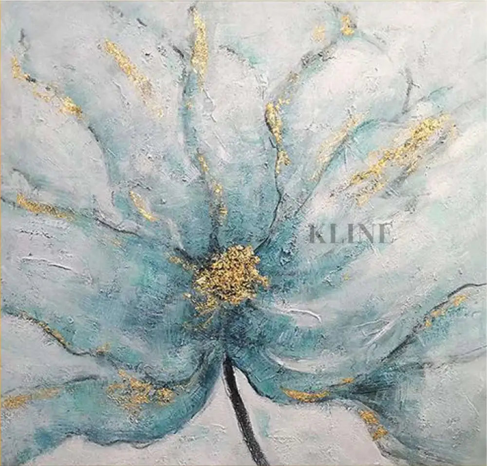 Abstract artwork of a delicate blue flower with gold accents, evoking elegance and sophistication.