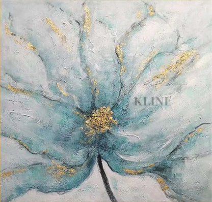 Abstract artwork of a delicate blue flower with gold accents, evoking elegance and sophistication.