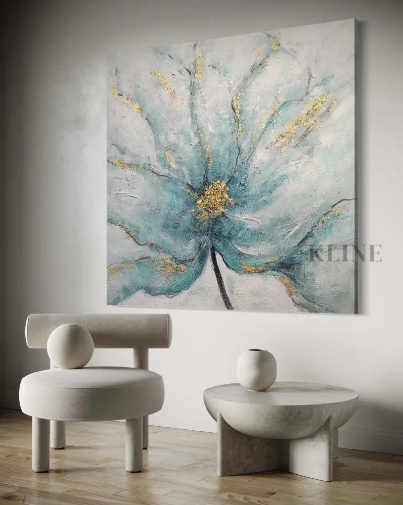 Dreamy artwork of a delicate blue flower with gold accents enhancing elegance in a modern interior setting. 