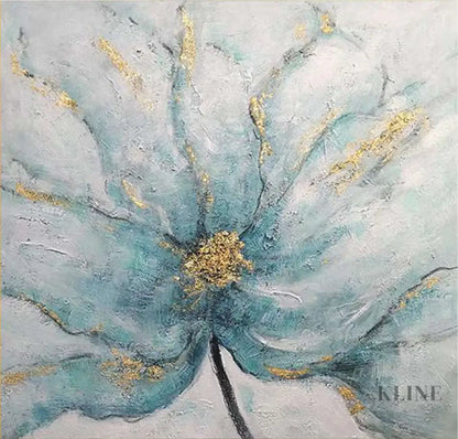 Abstract artwork of a delicate blue flower with gold accents, evoking elegance and sophistication.