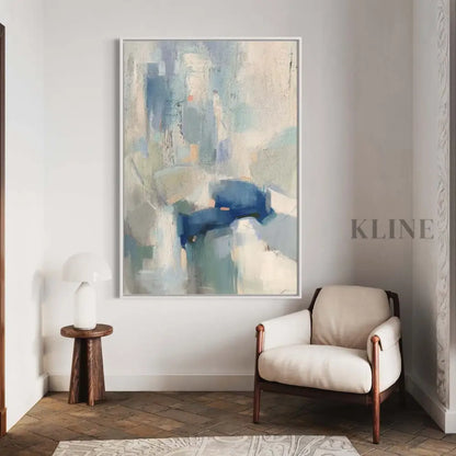 Serenova custom artwork in soft white and blue tones, bringing tranquility to a modern living space.
