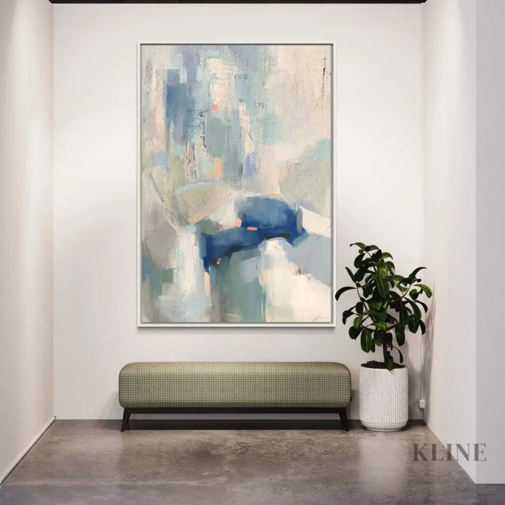 Serenova custom size artwork in serene blue and white tones, enhancing a modern interior space.