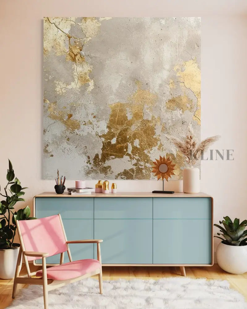 Hand-painted wall art "Sparks in the Mist" by John Rey U., featuring gold accents on grey canvas. 