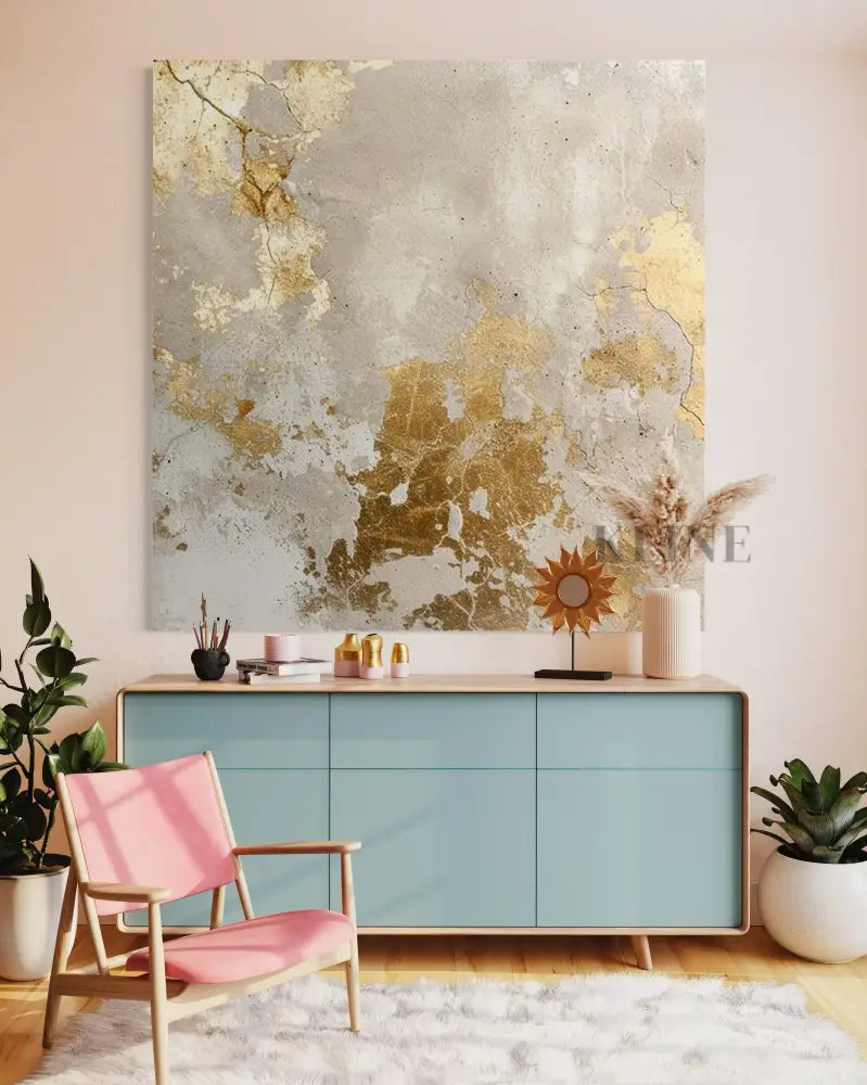 Hand-painted wall art "Sparks in the Mist" by John Rey U., featuring gold accents on grey canvas.