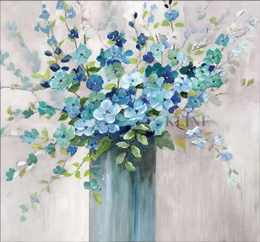 Hand-painted floral wall art featuring blue flowers in a vase, perfect for elevating any decor. Dipinti originali in vendita